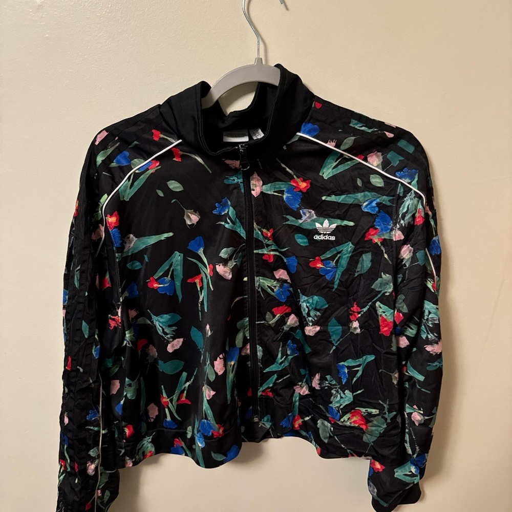 Adidas Jacket Women XLFloral Black Track Full Zip Embroidered Long Sleeves A0308
